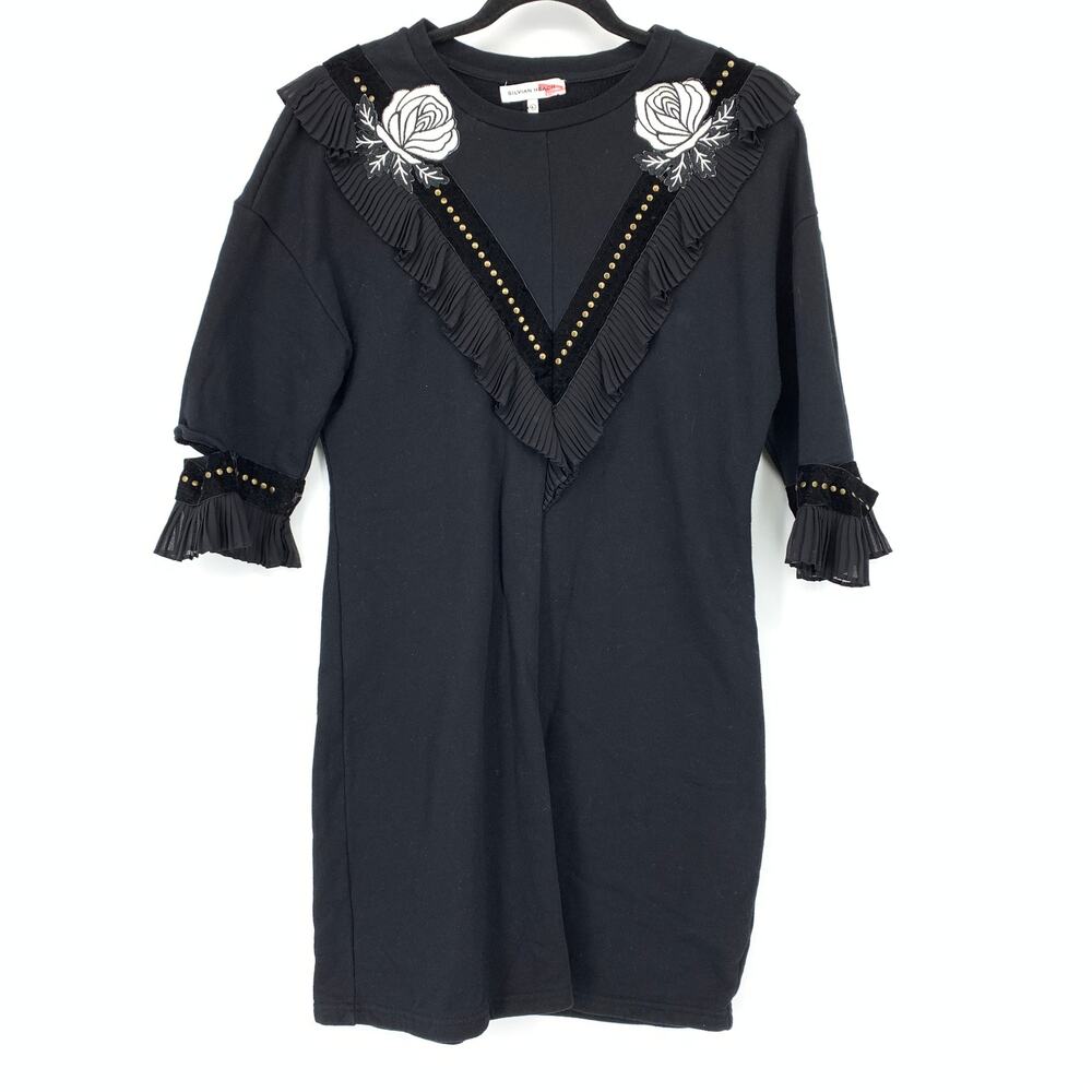Silvian Heach Jersey Knit Half Sleeve Dress Womens Sz L Embroidered Ruffle Front